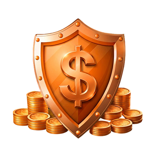Money-back guarantee shield with coins